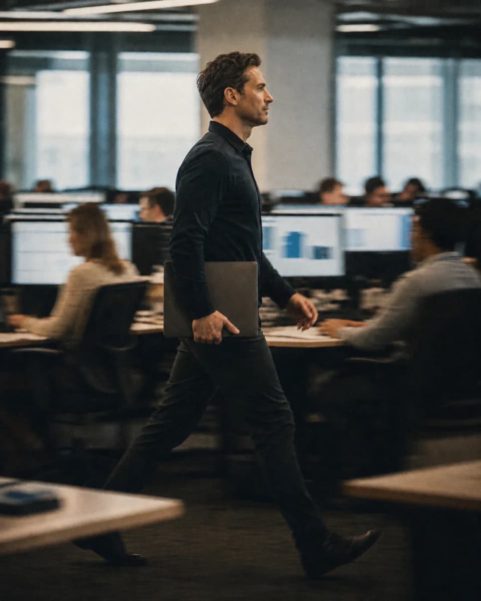 Male RCM operations lead moving quickly through a digital revenue cycle operations floor
