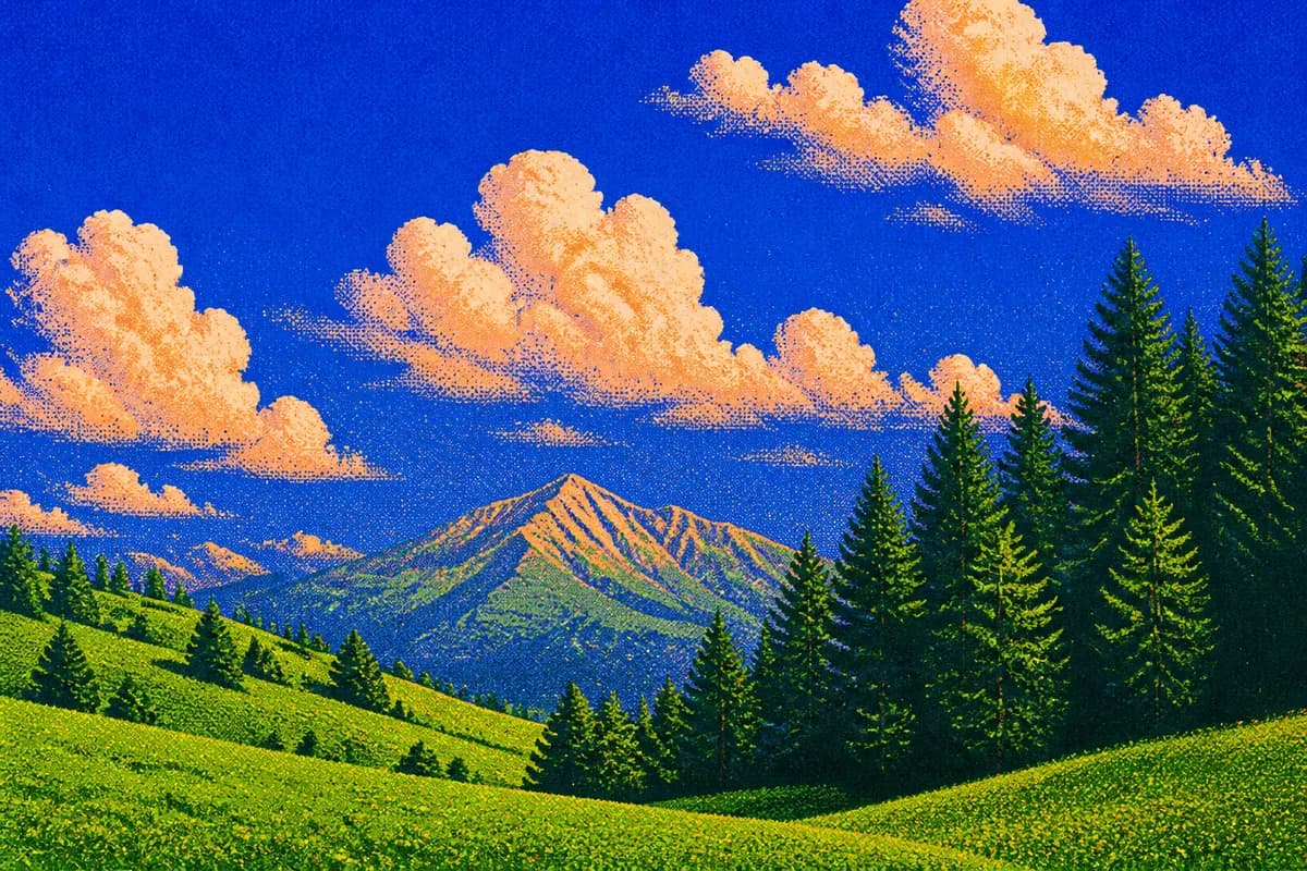 A mountain rising above a green forest under a bright blue sky with warm clouds