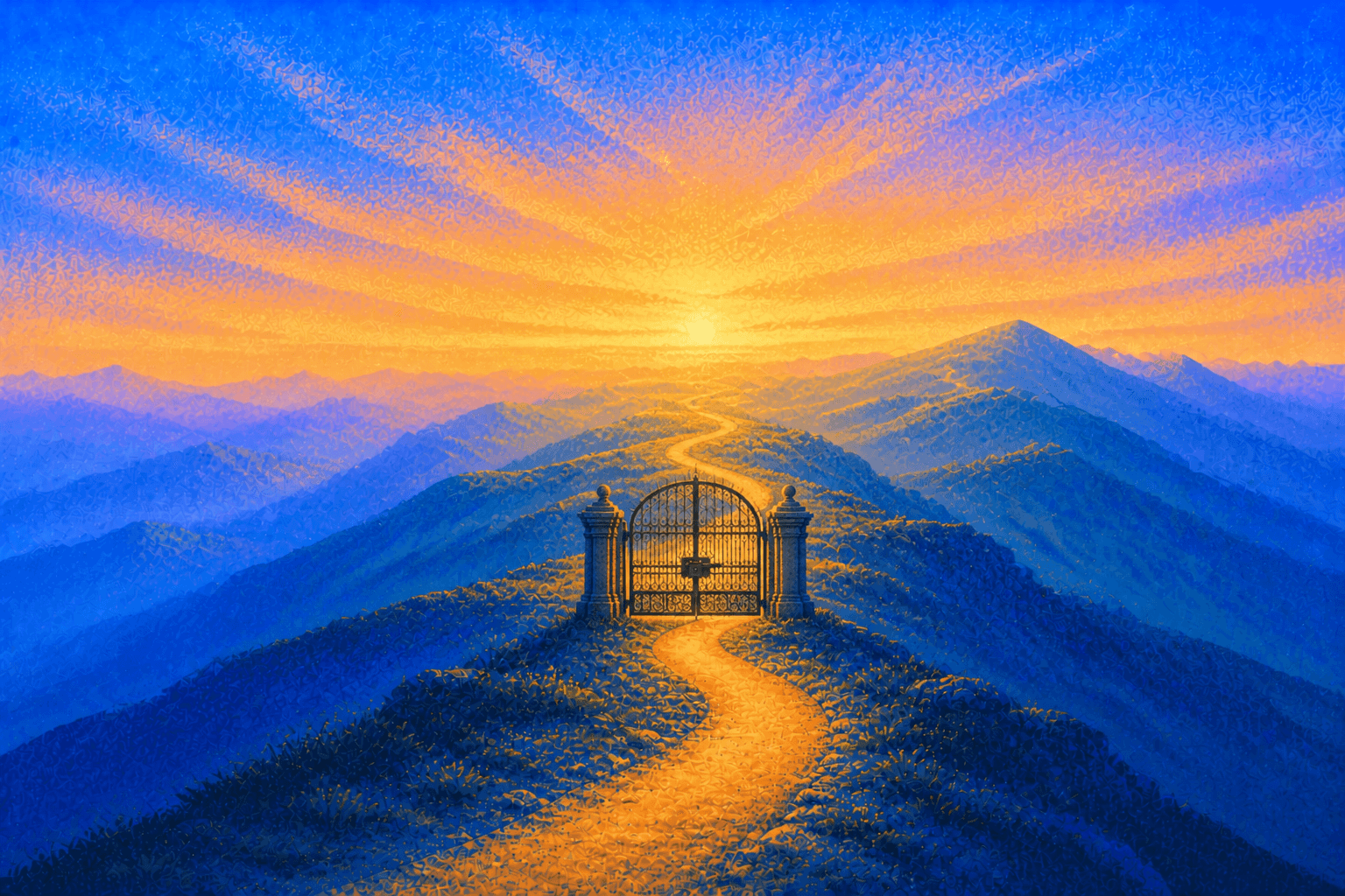 A locked gate blocking a golden path across mountains at sunrise