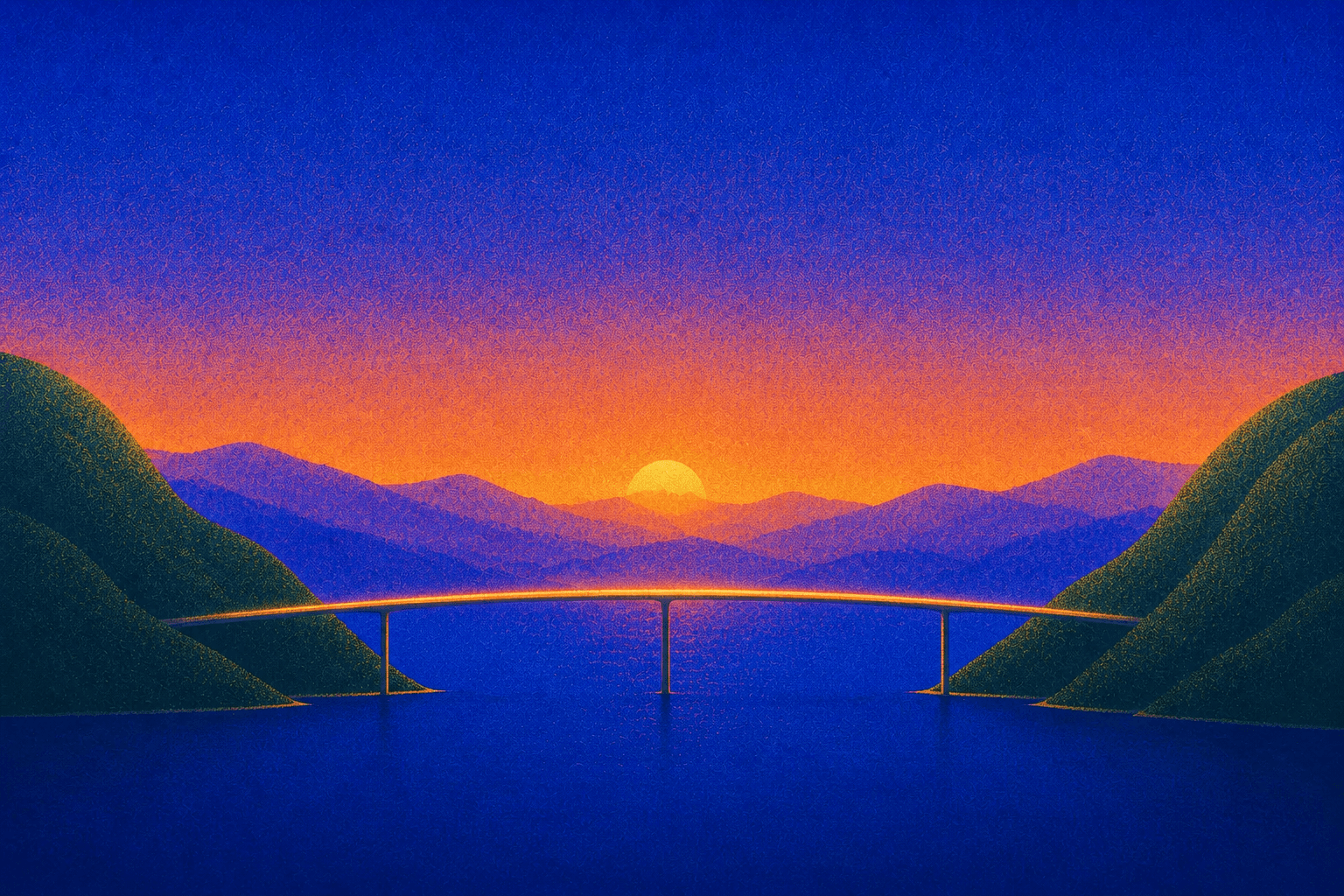 A warm amber bridge connecting green headlands across calm blue water