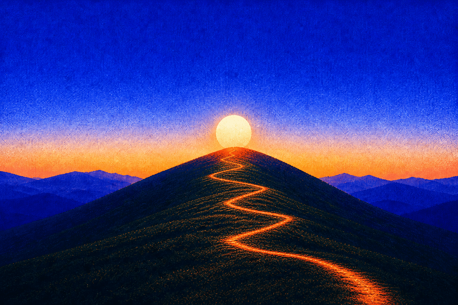 An illuminated path winding toward a mountain summit at sunrise