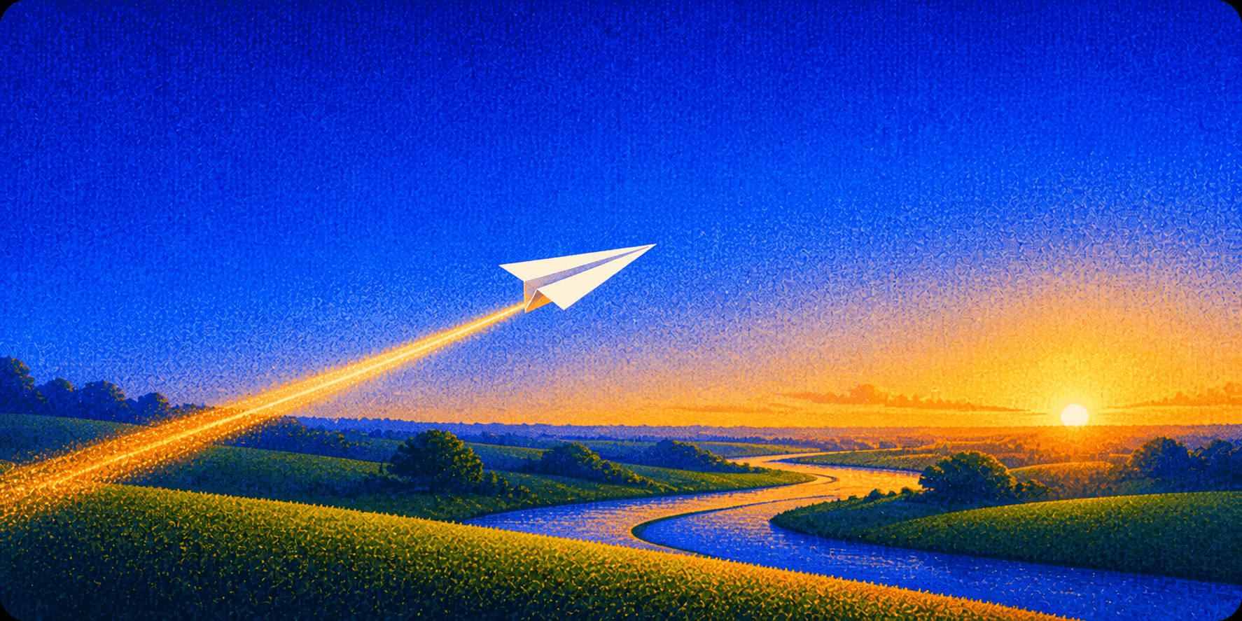 A white paper airplane flying over a river landscape at sunrise
