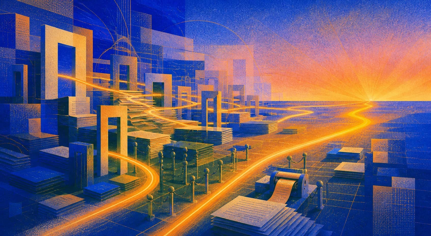 An abstract landscape of fragmented systems connected by a luminous path toward an open horizon