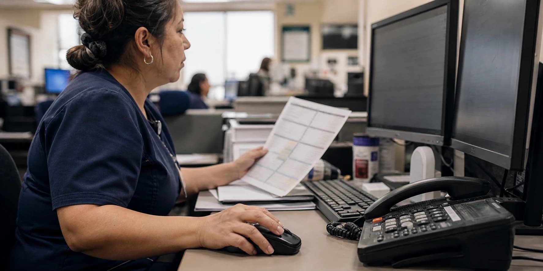A healthcare operations professional clicking through computer work while referencing a paper record